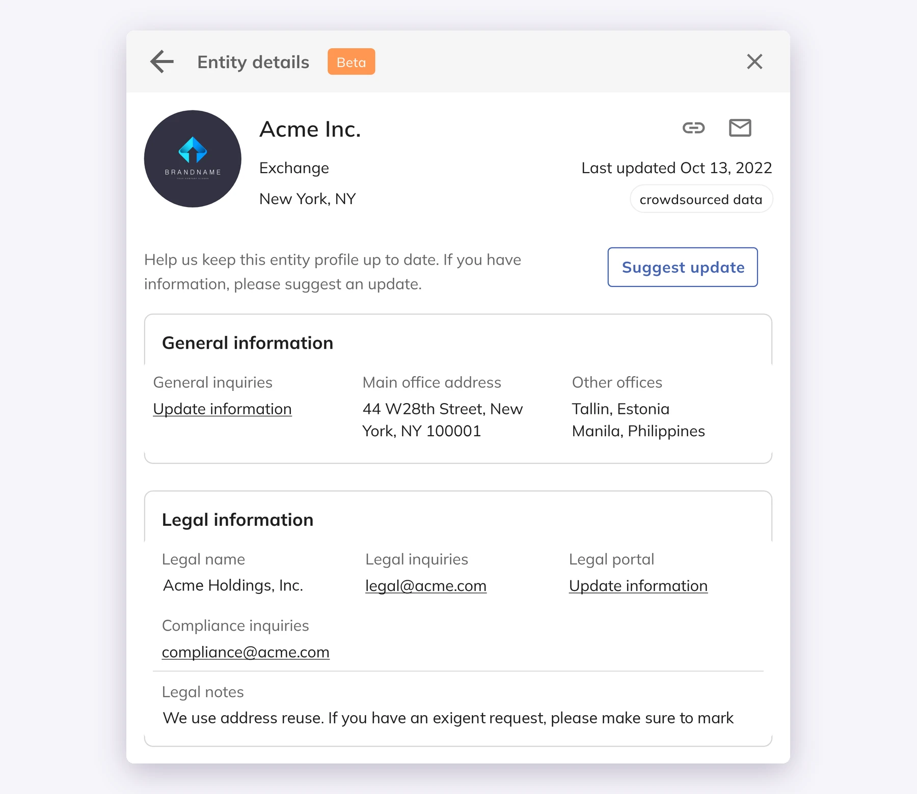 Directory entity details for an exchange: who to contact for general inquiries, its offices, its legal name, where to send legal and compliance requests, and legal notes
