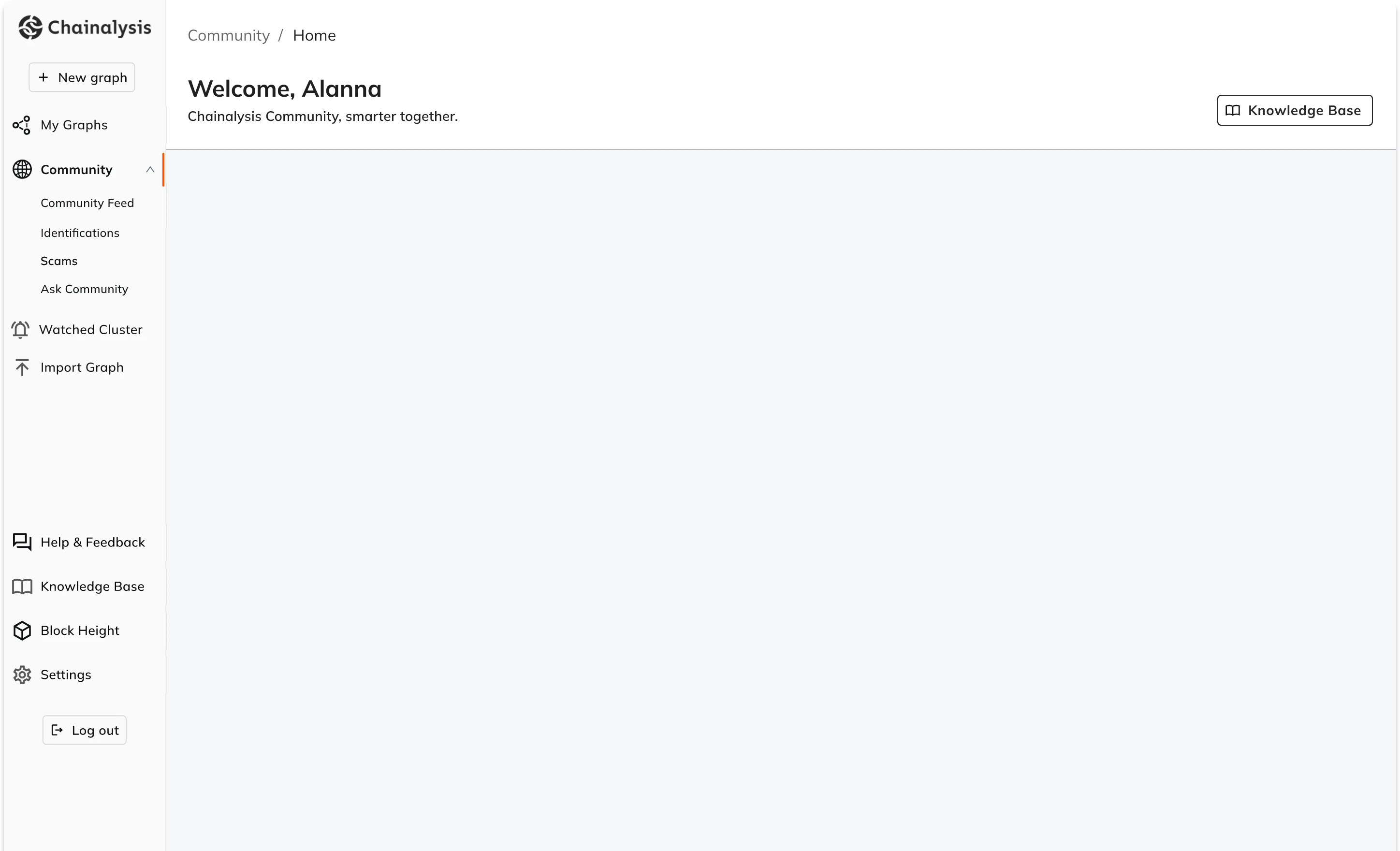 Chainalysis Community home: navigation and a welcome header