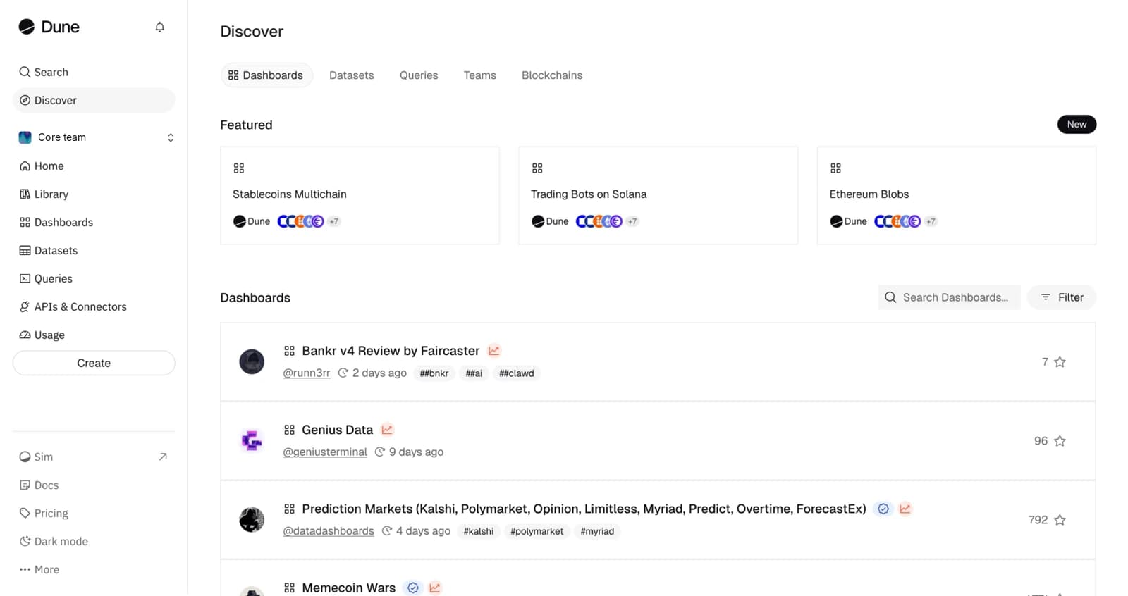 Dune Discover after the rebuild: a vertical navigation with search and Discover at the top, the workspace below, and featured content up front