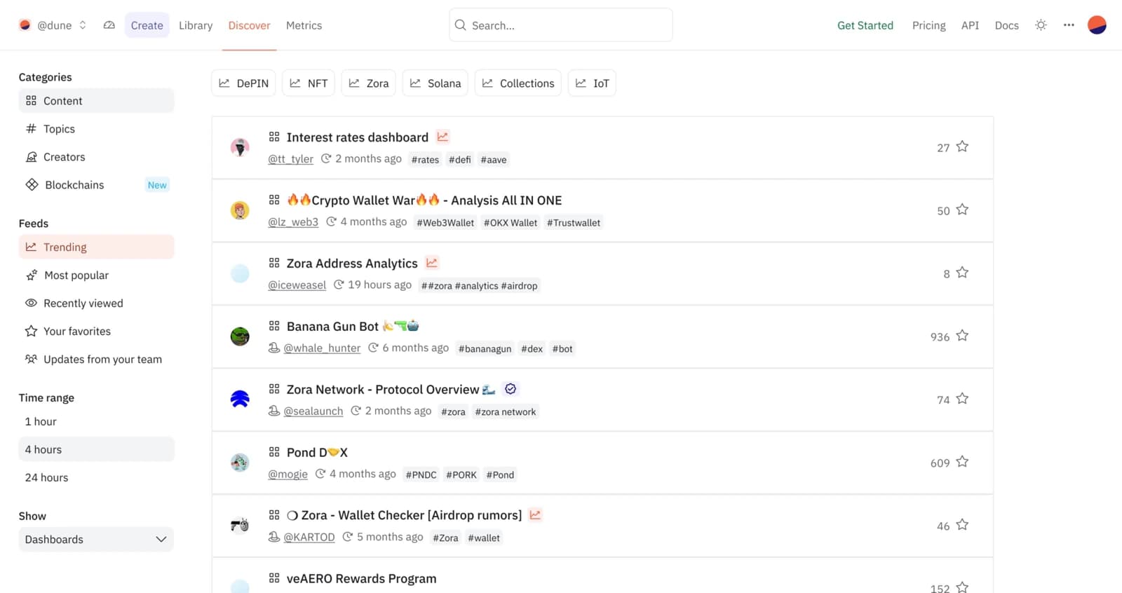 Dune Discover before the rebuild: a crowded top navigation, a category and feed sidebar, and a long list of community dashboards