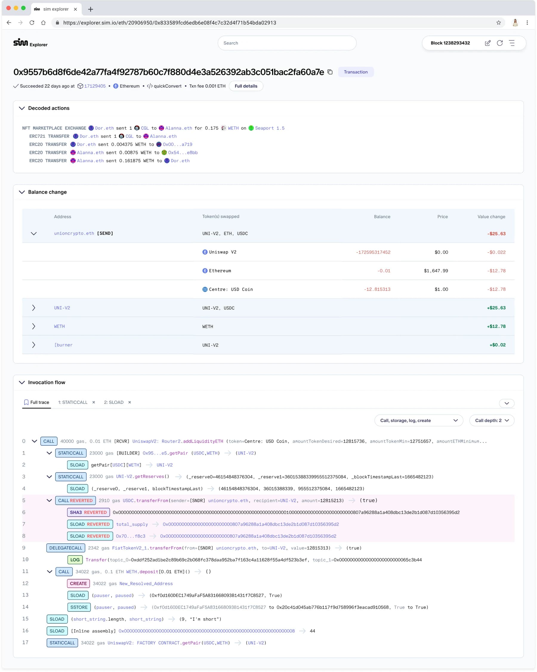 sim.explorer transaction view: decoded actions, balance changes, and the full invocation flow as a tree with call depth and reverted calls highlighted