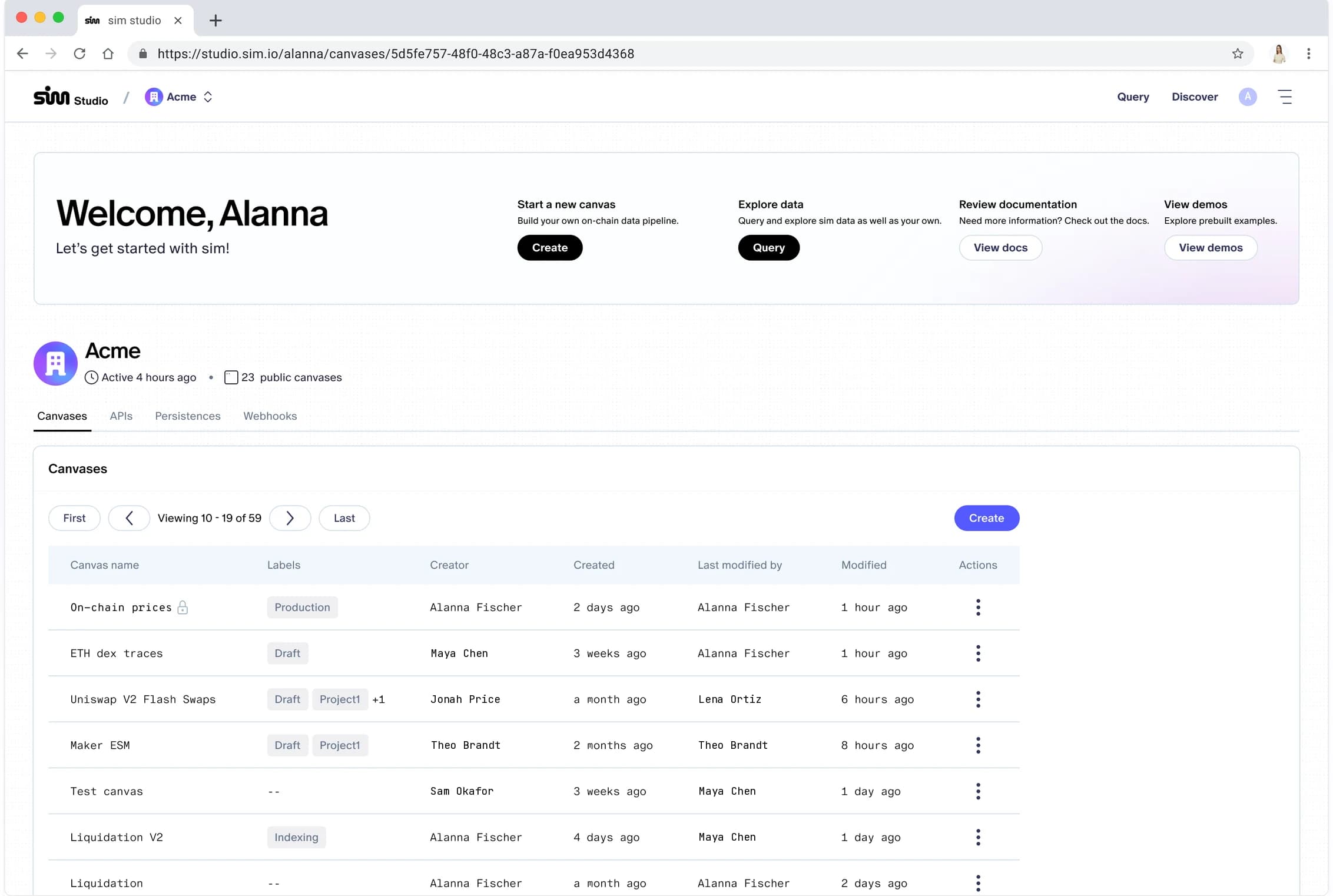 Step 1, workspace: Every canvas a team owns, with its status (draft, indexing, production) and who touched it last. Start a canvas, query data, or open a demo.